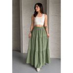 İLKCET MODA Büzgülü Katlı Haki Müslin Kumaş Uzun Etek