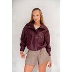 İLKCET MODA Oversize Cepli Bordo Suni Deri Kadın Fermuarlı Ceket