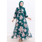 İlkimay.com Çiçek Desen Şifon Elbise 1351 - Zümrüt Yeşili - 38