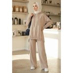 İlkimay.com Kapüşonlu Tunik Pantolon Takım 1682 - Vizon - 46 - 48