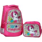 Ilkokul Okul Sırt Çantası Kız Beslenme Çantalı Ortopedik 2li Set At Model Unicorn Fuşya