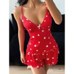 İlkyaz Fashion Ieg™ Kadın Kalp Desenli Şortlu Pijama Takımı Rahat ve Şık Ev Giyim Seti - Kırmızı - S - M