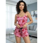 İlkyaz Fashion Ieg™ Kadın Pembe Kalp Baskılı Şortlu Gecelik Pijama Takımı Sevimli Rahat 2’li Set - Logolu