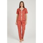 İlkyaz Fashion Ieg™ Kadın Turuncu Kalp Desenli Fiyonk Detaylı Kısa Kollu Uzun Pijama Takımı Premium Ev Giyim - S - M