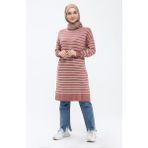 İlmek Kadın Çizgili Uzun Triko Tesettür Tunik 4355 - 44 - Pudra