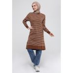 İlmek Kadın Çizgili Uzun Triko Tesettür Tunik 4355 - 44 - Taba
