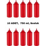 İly Store 10 Adet Kırmızı, Fişek Plastik Sosluk, Ketçap, Mayonez, Hardal, Barbekü, Zeytinyağlık, Limonluk, 750 ml