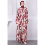 İmaj Butik Bordo Kuşaklı Desenli Büzgülü Şifon Elbise - 40 - 42