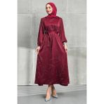 İmaj Butik Bordo Taşlı Kuşaklı Saten Elbise - 48