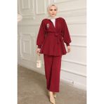 İmaj Butik Bordo Yaka Bronş Detaylı Tunik Pantolonlu Takım