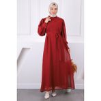 İmaj Butik Bordo Yaka Fırfırlı Kuşaklı Şifon Elbise - 38 - 40