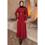 İmaj Butik Bordo Zincir Kuşaklı Fitilli Uzun Elbise - 44 - 46