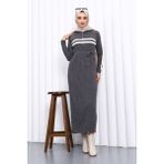 İmaj Butik Füme Yaka Fermuarlı Fitilli Çizgili Triko Elbise - Standart