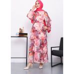 İmaj Butik Fuşya Desenli Katlı Şifon Elbise - 40