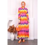 İmaj Butik Fuşya Sarı Desenli Eteği Katlı Viscon Elbise - 40 - 42 - Fuşya - Sarı