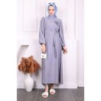 İmaj Butik Gri Balon Kol Kuşaklı Elbise - 38