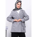 İmaj Butik Gri Kruvaze Yaka Çift Düğmeli Kaşe Kaban - 46