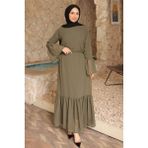 İmaj Butik Haki Bel Bağlamalı Eteği Katlı Şifon Elbise - 38 - 40