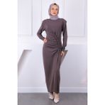 İmaj Butik Kahverengi Ön Büzgülü Vatkalı Elbise - 38 - 40