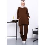 İmaj Butik Kahverengi Yan Cepli Omuz Parçalı Alt Çımalı Modal Takım