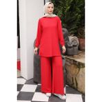 İmaj Butik Kırmızı Bürümcük Tunik Pantolonlu Takım - XL