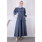İmaj Butik Koyu Mavi Kruvaze Yaka Bel Kuşaklı Kot Elbise - 40 - 42