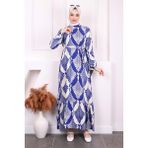 İmaj Butik Lacivert Desenli Eteği Katlı Viscon Elbise - 40 - 42