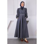 İmaj Butik Lacivert Kruvaze Yaka Bel Kuşaklı Kot Elbise - 40 - 42