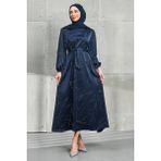 İmaj Butik Lacivert Taşlı Kuşaklı Saten Elbise - 42
