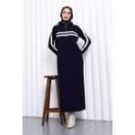 İmaj Butik Lacivert Yaka Fermuarlı Fitilli Çizgili Triko Elbise - Standart
