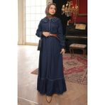 İmaj Butik Lacivert Yaka Taşlı Yarım Fermuarlı Kemerli Kot Elbise - 42