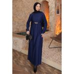 İmaj Butik Lacivert Zincir Kuşaklı Fitilli Uzun Elbise - 42 - 44