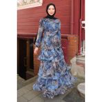 İmaj Butik Mavi Eteği Katlı Desenli Şifon Elbise - 48