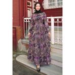 İmaj Butik Mor Eteği Katlı Desenli Şifon Elbise - 38