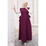 İmaj Butik Mürdüm Bel Kuşaklı Kolları Fırfırlı Elbise