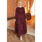 İmaj Butik Mürdüm Eteği Katlı Şifon Elbise - 48