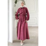 İmaj Butik Mürdüm Kol ve Bel Lastikli Düğmeli Çift Cepli Elbise - 42 - 44