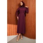 İmaj Butik Mürdüm Yaka Güpürlü Kuşaklı Elbise