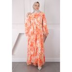 İmaj Butik Oranj Desenli Eteği Katlı Şifon Elbise - 38 - 40
