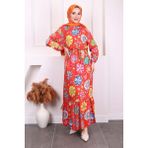 İmaj Butik Oranj Desenli Eteği Katlı Viscon Elbise - 44 - 46