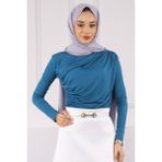 İmaj Butik Petrol Mavisi Önü Drapeli Sandy Bluz - 2XL