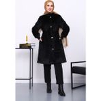 İmaj Butik Siyah Bel Lastikli Angora Kürk Kaban - 42