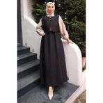 İmaj Butik Siyah Bel Lastikli Yelek Kombinli Elbise Takım - 38