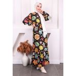 İmaj Butik Siyah Desenli Eteği Katlı Viscon Elbise - 38 - 40