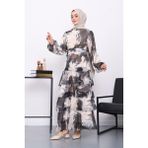 İmaj Butik Siyah Desenli Katlı Şifon Elbise - 40