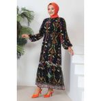 İmaj Butik Siyah Desenli Şifon Elbise - 42