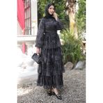 İmaj Butik Siyah Eteği Katlı Desenli Şifon Elbise - 42 - 44