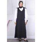 İmaj Butik Siyah Omzu Bağlamalı Jile Dokuma Kumaşlı Klasik Desenli Kadın Elbise