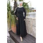 İmaj Butik Siyah Ön Etek Pileli Belden Bağlamalı Modal Dokuma Elbise
