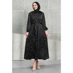 İmaj Butik Siyah Taşlı Kuşaklı Saten Elbise - 48